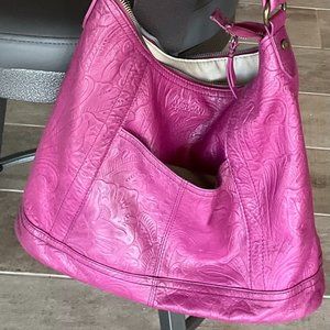 American Leather Company fuchsia/magenta tooled leather shoulder bag